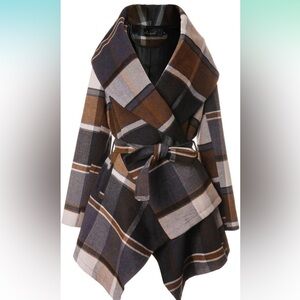 Women's Coat Turn Down‎ Shawl Collar Earth Check Asymmetric Hemline Wool Blend M